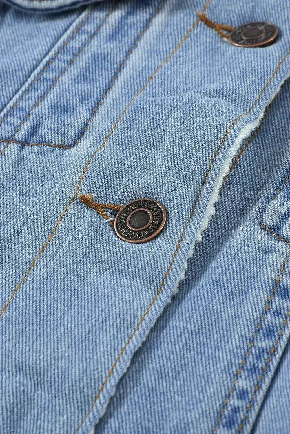 Sky Blue Sherpa Denim Jacket - Button-Up Patchwork Coat | Femstylo