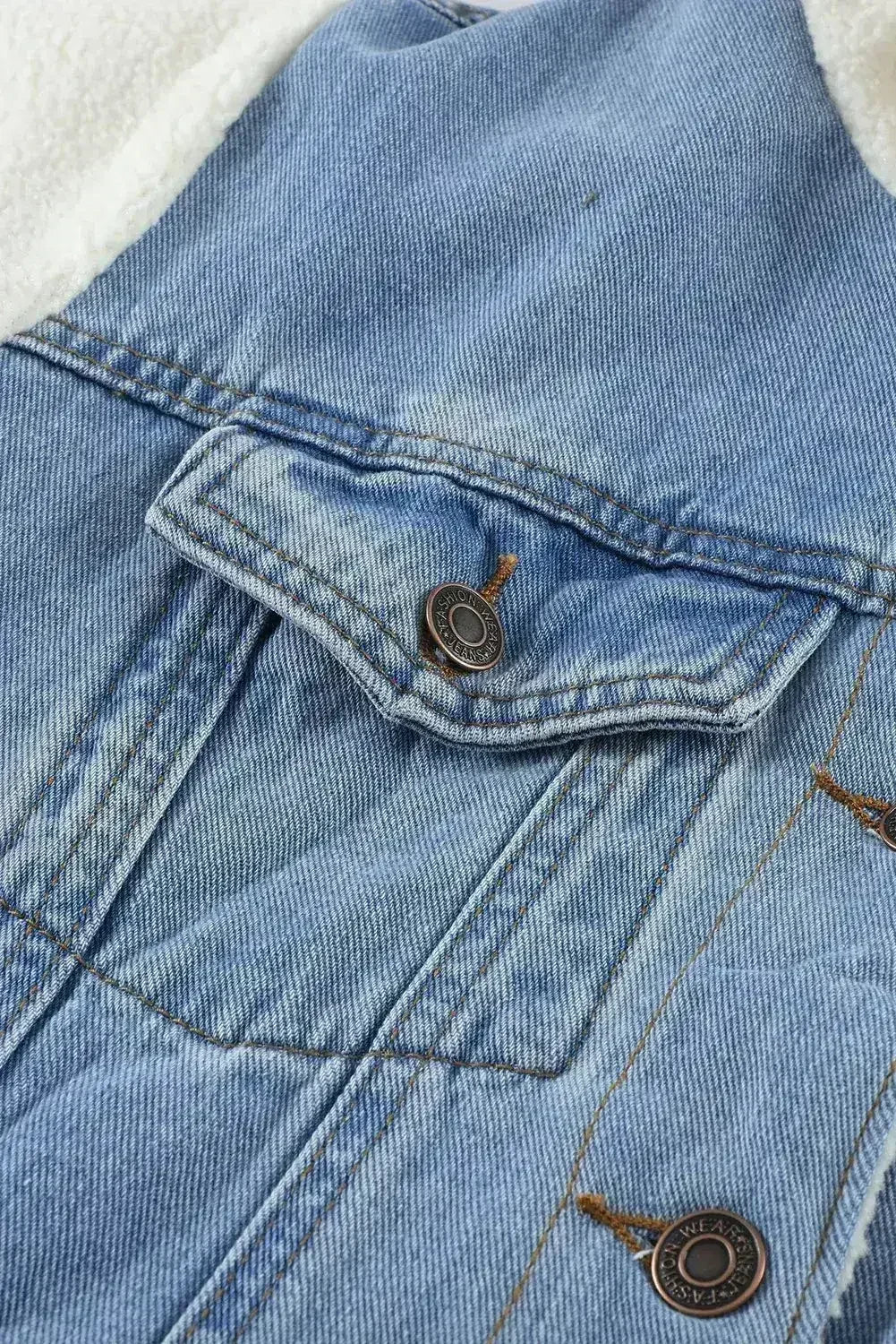 Sky Blue Sherpa Denim Jacket - Button-Up Patchwork Coat | Femstylo