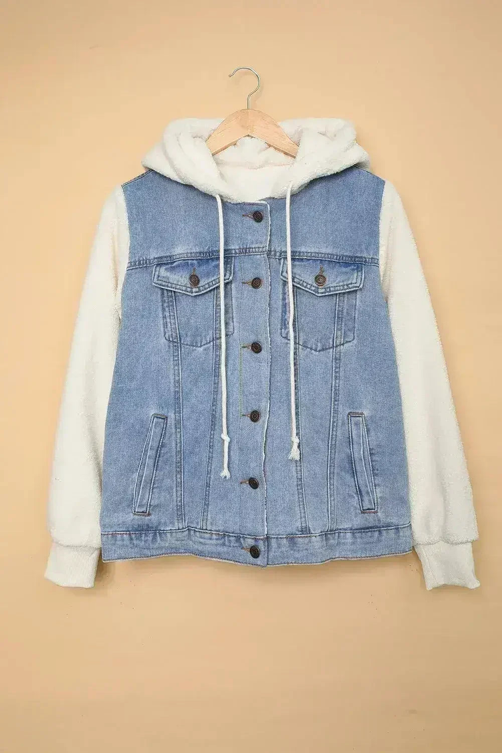 Sky Blue Sherpa Denim Jacket - Button-Up Patchwork Coat | Femstylo