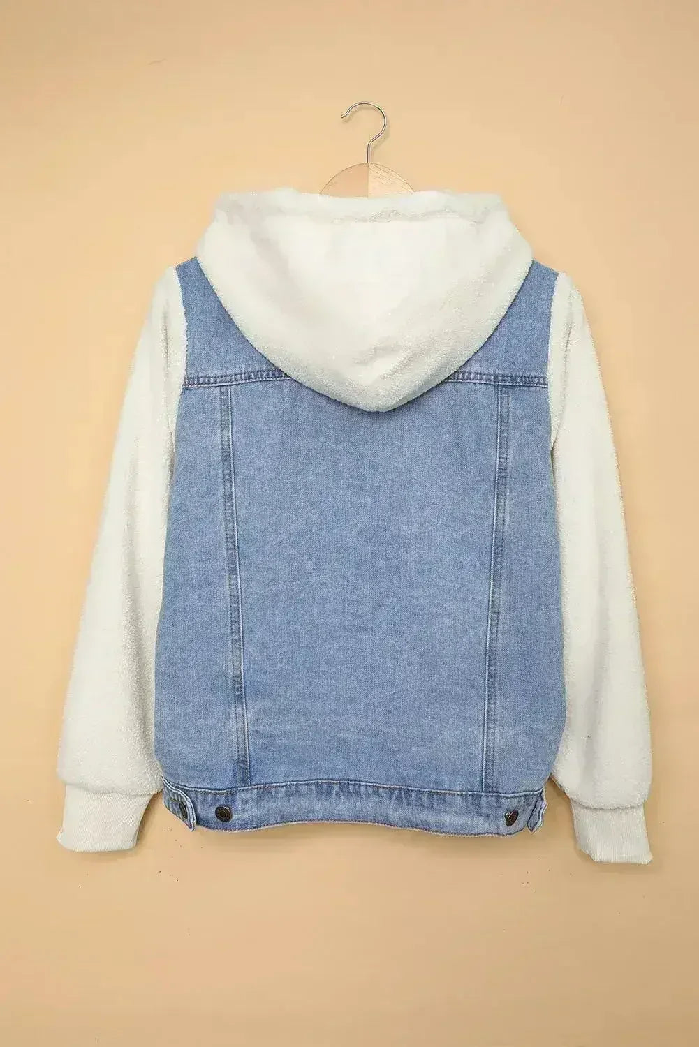 Sky Blue Sherpa Denim Jacket - Button-Up Patchwork Coat | Femstylo