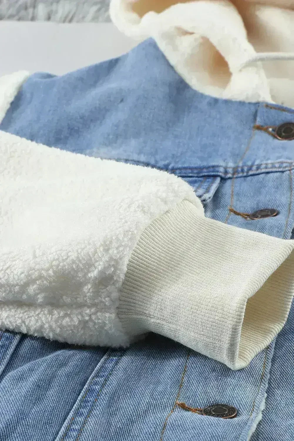 Sky Blue Sherpa Denim Jacket - Button-Up Patchwork Coat | Femstylo