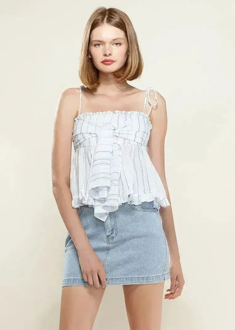 Women's Tie Front Flared Cami Blouse in Oceanstripe | Femstylo