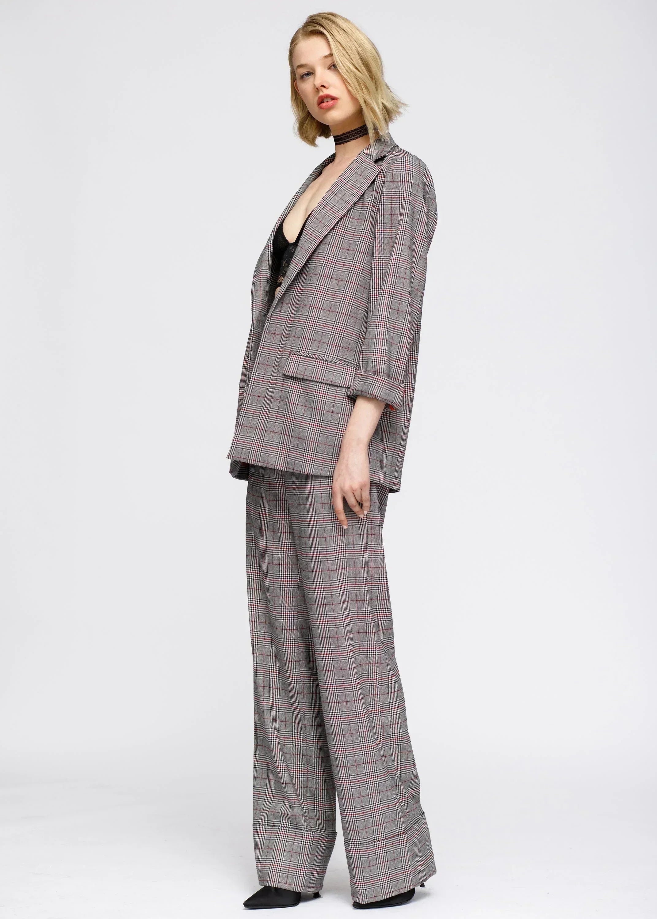 Grey Multi Glen Plaid Blazer | Women's Comfort Fit Suiting - Femstylo