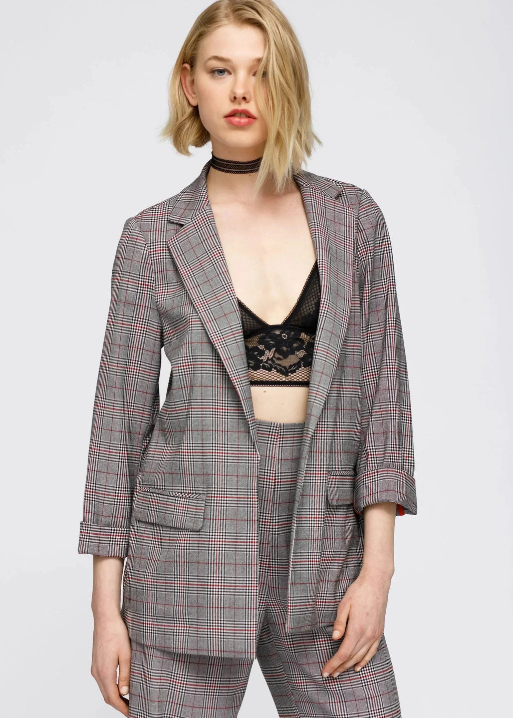 Grey Multi Glen Plaid Blazer | Women's Comfort Fit Suiting - Femstylo