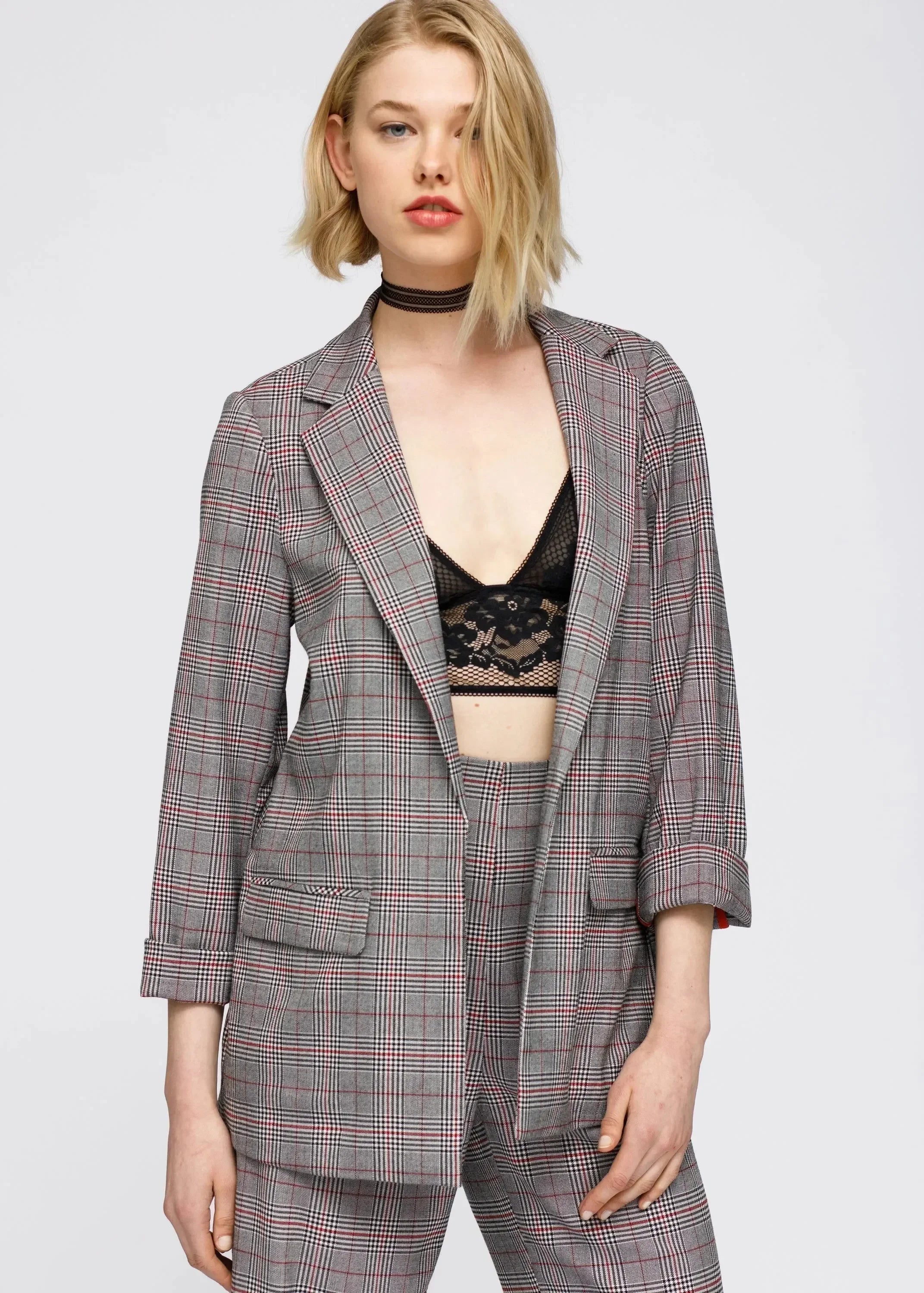 Grey Multi Glen Plaid Blazer | Women's Comfort Fit Suiting - Femstylo