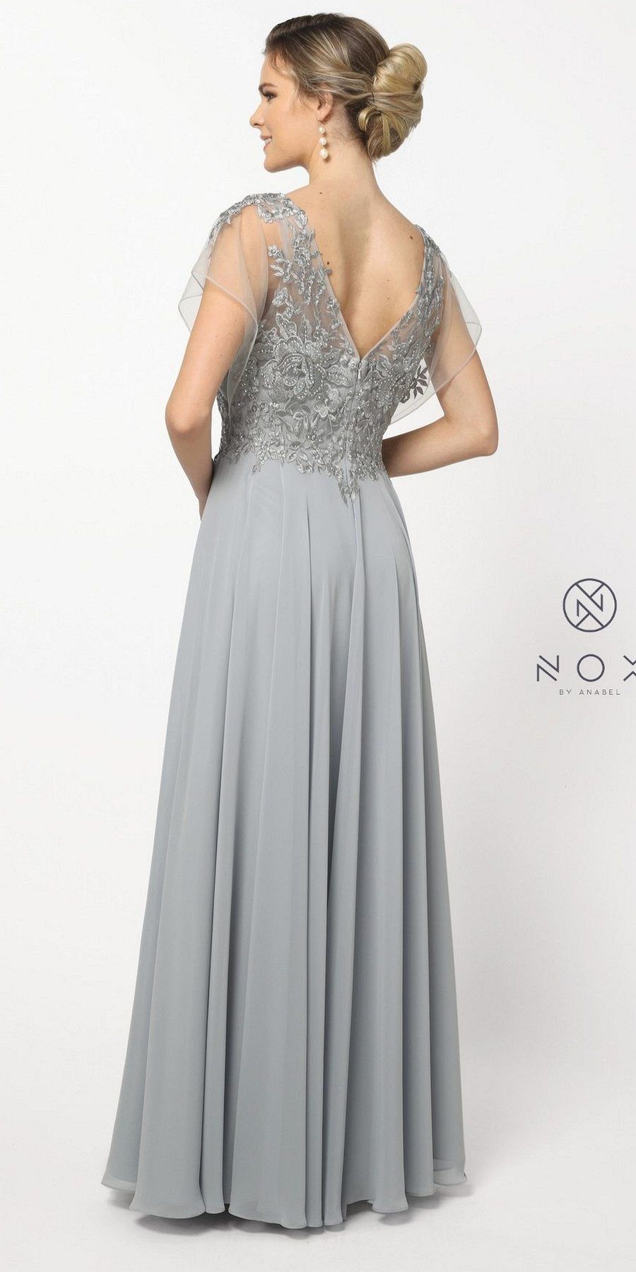 CLEARANCE - Nox Anabel Y526 Long V-Neck Silver Long Dress (Size 2XL)