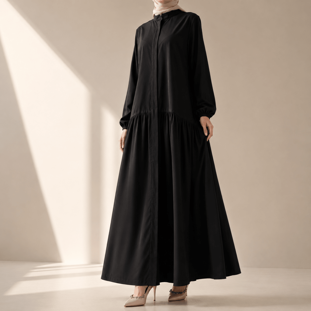 A-Line Trench Shirt Maxi Abaya Dress with Pockets (MA422)
