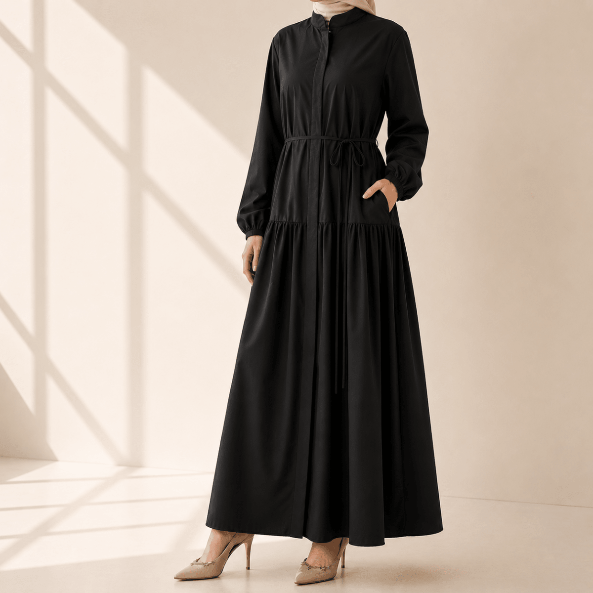 A-Line Trench Shirt Maxi Abaya Dress with Pockets (MA422)