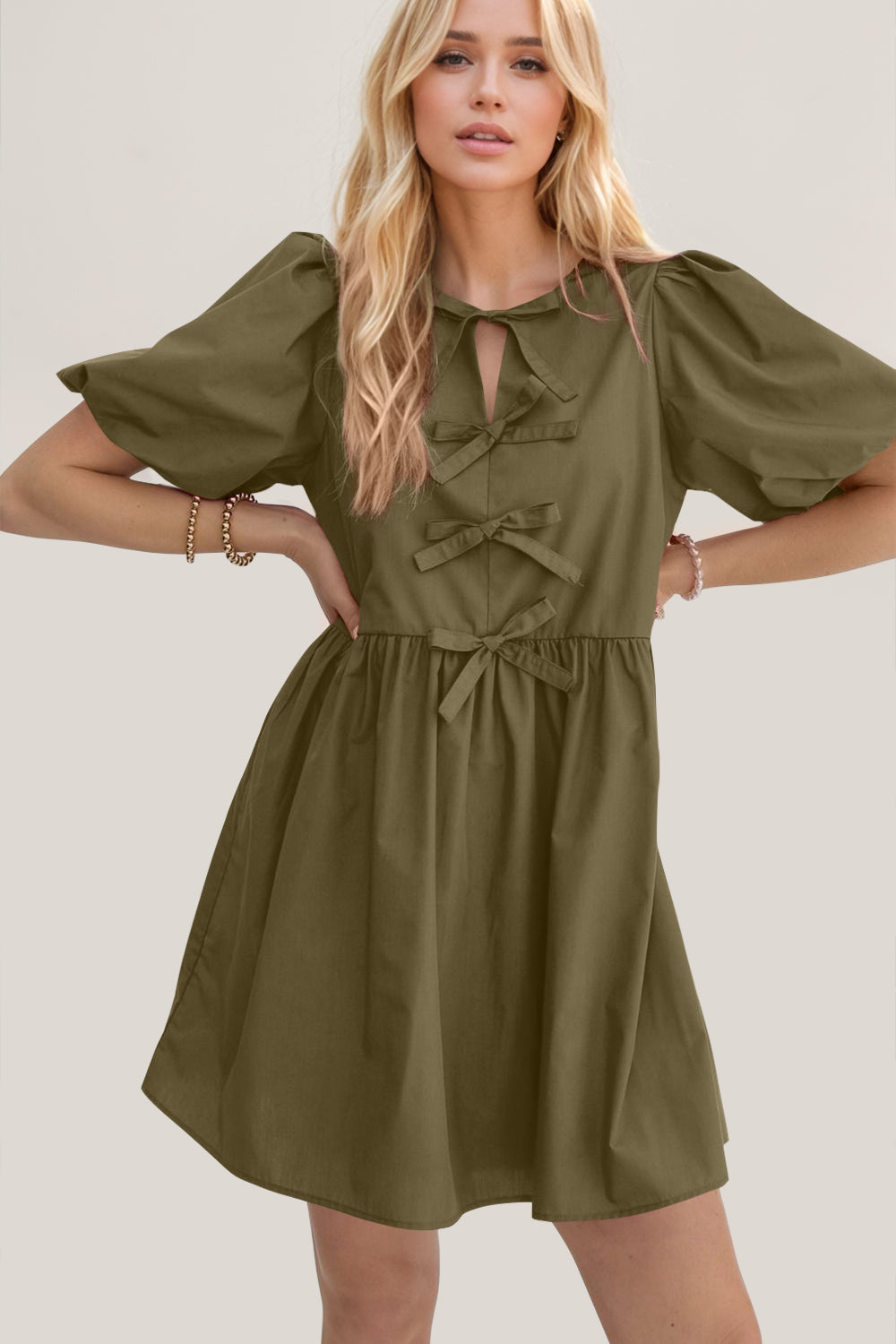 Elegant Ruched Puff Sleeve Mini Dress Vintage Bow Detail Cute Short Dress for Women