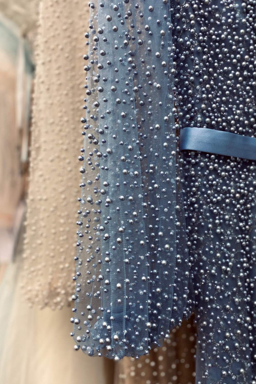 Andrea & Leo A0997W Pearl Beaded Long Sleeve Fit and Flare Long Dress