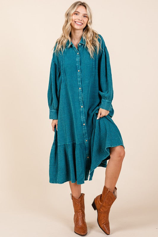 New Mineral Wash Cotton Gauze Ruffle Midi Shirt Dress For Women – Trendy, Chic, Casual & Feminine Design For Any Occasion