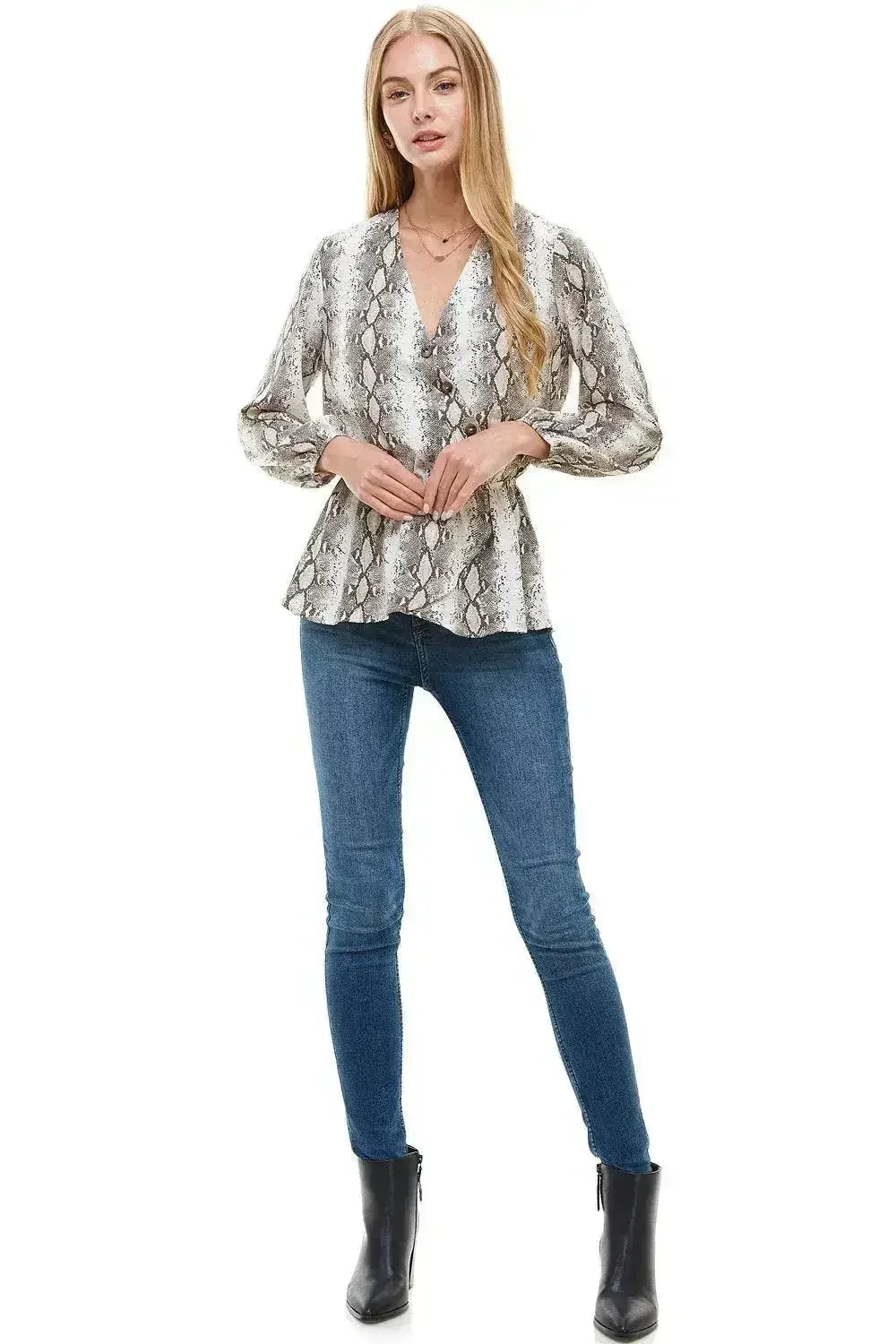 Snake V neck Button Front Peplum Long Sleeve Blouse Top | Femstylo