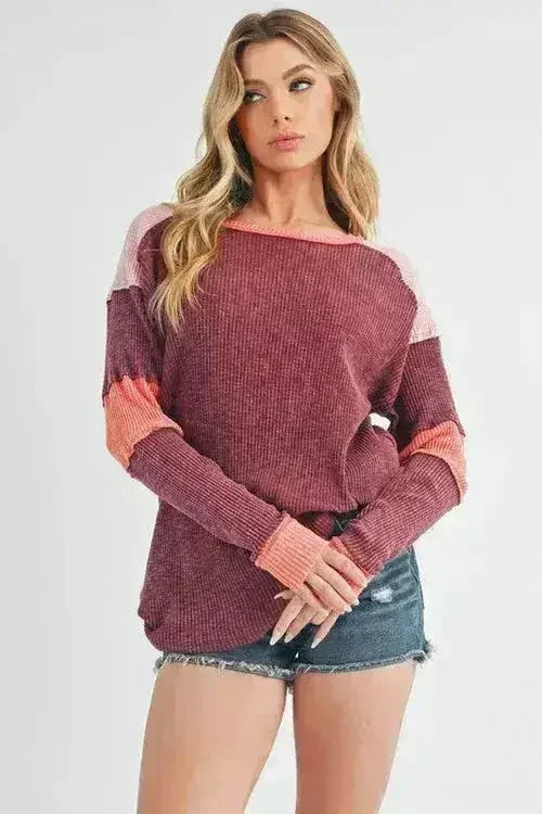 Color Block Knit Top – Raw Seam Detail & Cotton-Spandex Blend