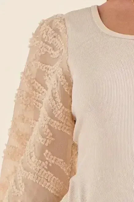 Textured Puff Sleeve Bodysuit | Lace Detail Blouse Bodysuit - Femstylo