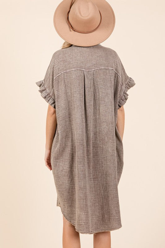 Mineral Wash Cotton Gauze Mini Shirt Dress For Women – Casual, Relaxed Fit with Charming Ruffle Sleeves and Practical Pockets