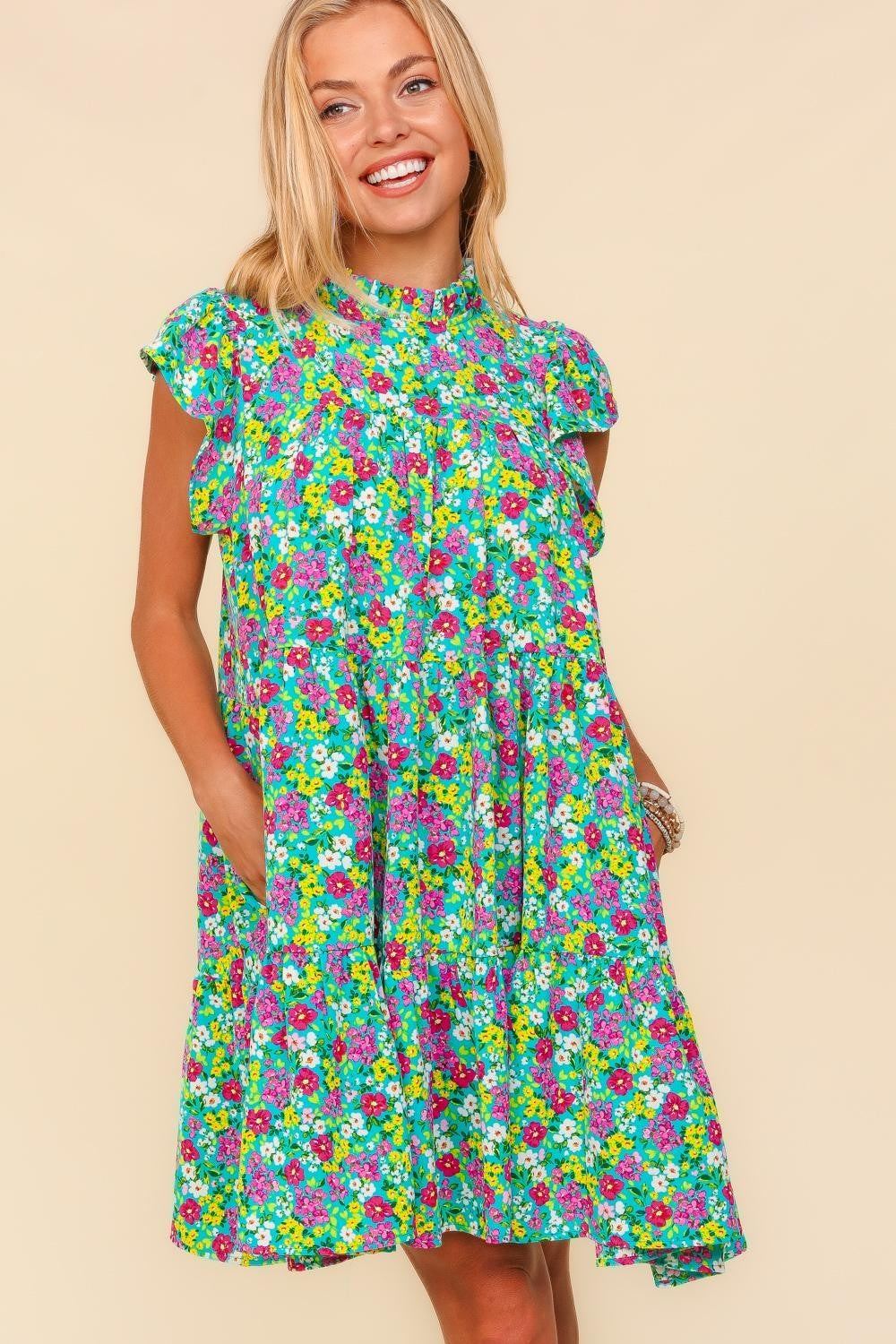 Frilled Mock Neck Ditsy Floral Dress – Mock Neck Floral Dress, Frilled Floral Dress, Ditsy Floral Dress, Tiered Floral Dress, Elegant Floral Dress, Feminine Floral Dress, Pocketed Floral Dress
