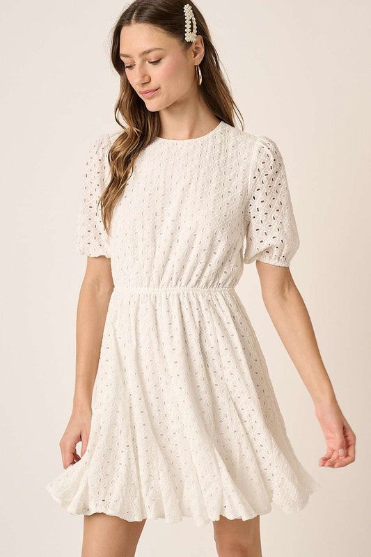 Eyelet Round Neck Puff Sleeve Mini Dress–Cute, Elegant, Feminine and Chic Mini Dress with Romantic Puff Sleeves and Delicate Eyelet Design