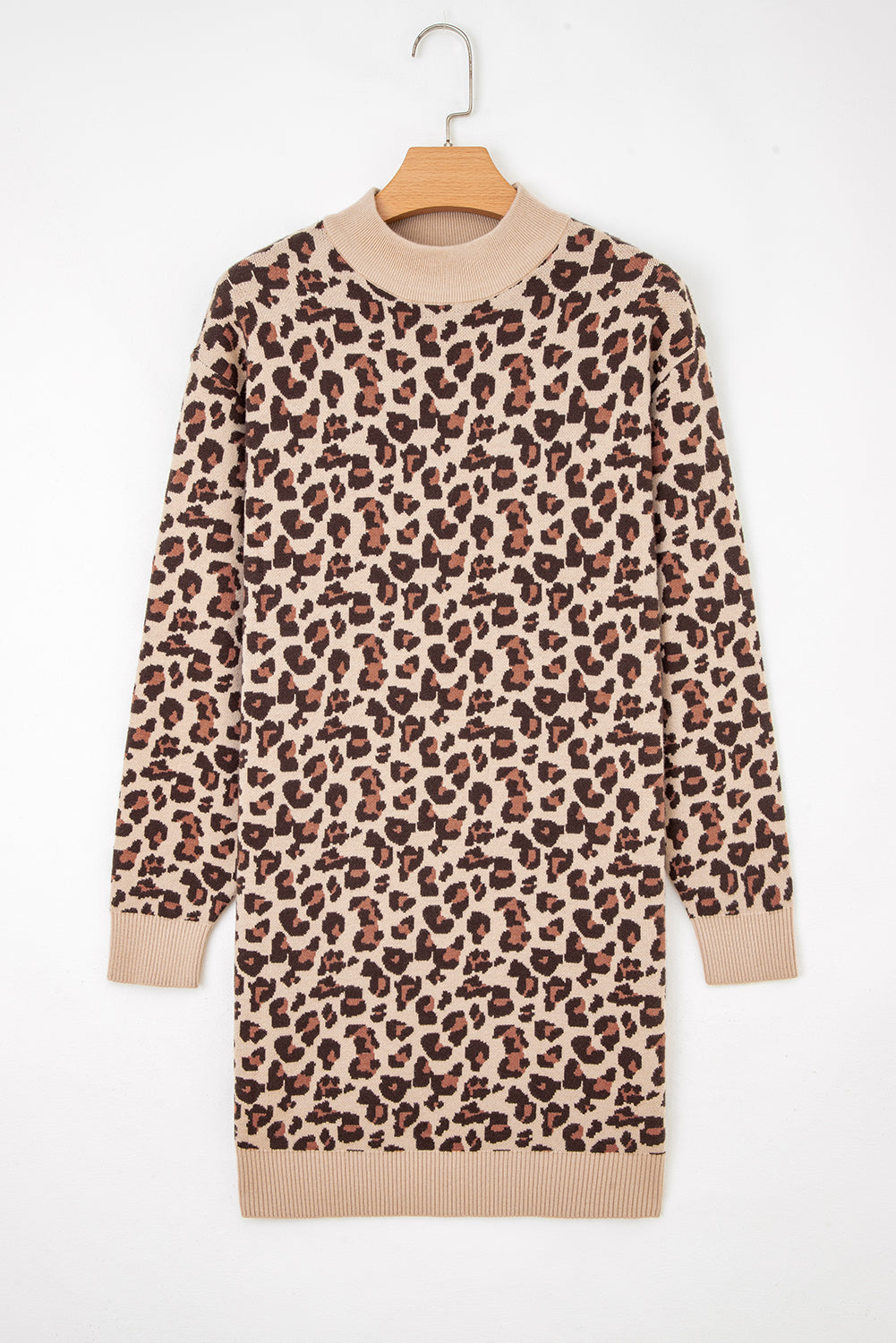 Khaki Leopard Print High Neck Shift Mini Sweater Dress - Femstylo