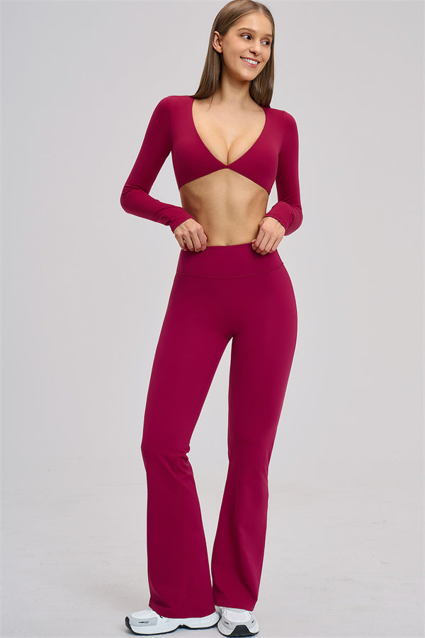 The Zestful Long Sleeve Crop Top Flared Leggings 2-Piece Set