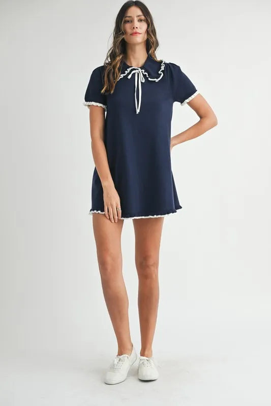 Ruffle Trimmed Collar Fine Knit Mini Dress For Women – Ruffle Mini Dress, Fine Knit Dress, Collar Dress, Feminine Mini Dress, Chic Knit Dress