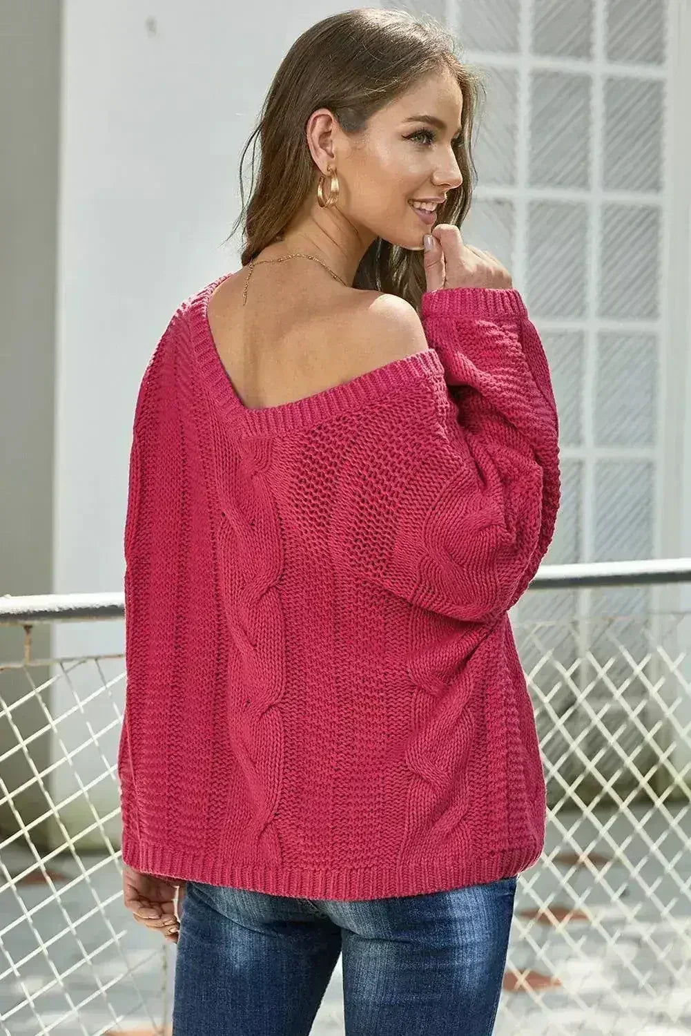 Casual Rose Bubblegum V-Neck Braided Knit Sweater
