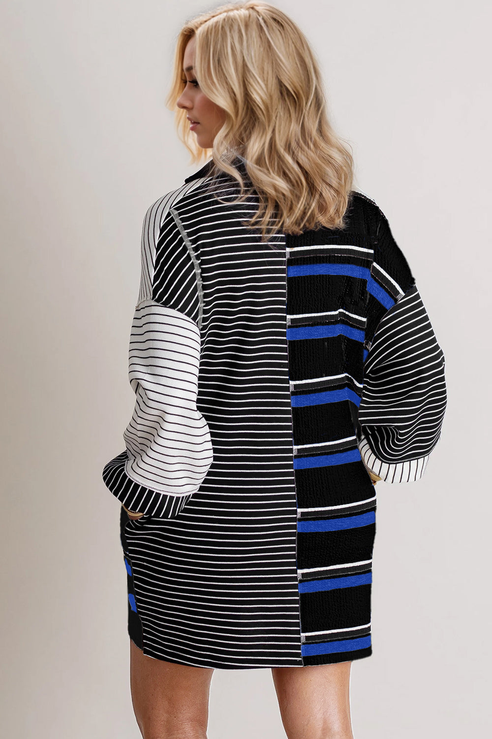 Full Size Striped Half Button Long Sleeve Mini Dress Trendy & Casual Everyday Wear