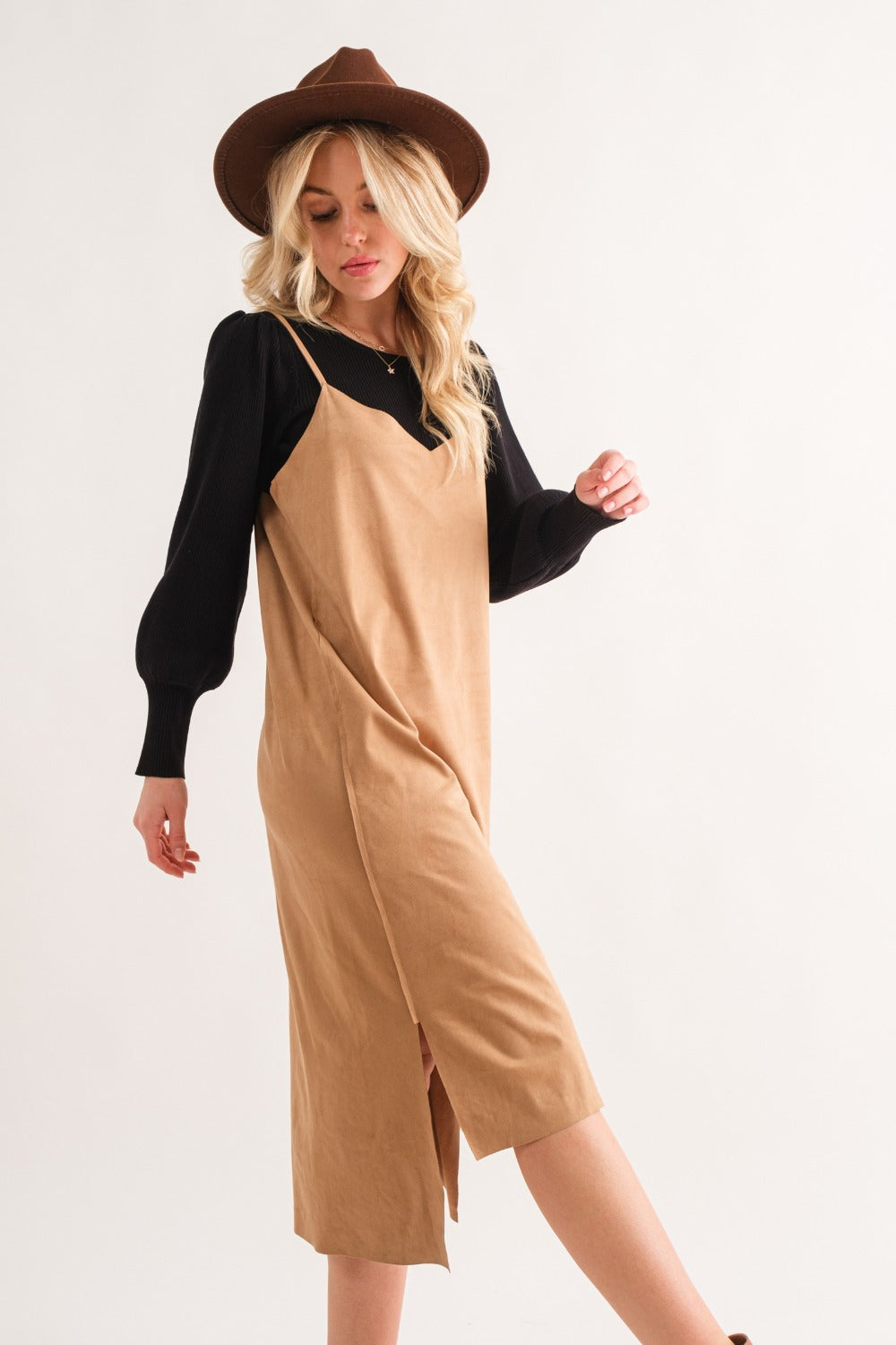 Faux Suede Cut Edge Slit Cami Midi Dress – Elegant Midi Dress, Faux Suede Dress, Chic Slit Dress, Sophisticated Dress, Versatile Cami Dress