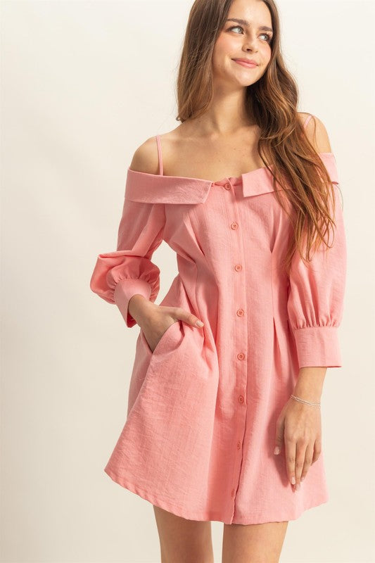 Button Down Spaghetti Strap Mini Dress with Pockets-Elegant, Chic Summer Dress with Feminine Spaghetti Straps, Functional Pockets, and Button Down Front for Effortless Style