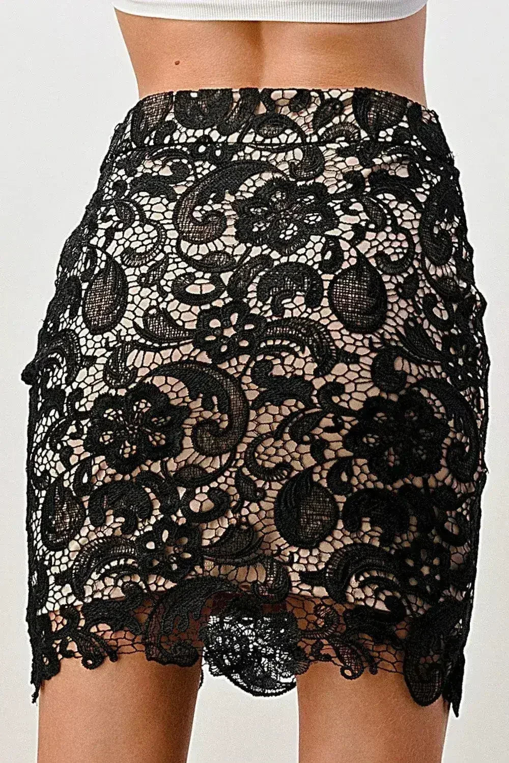 Floral Lace Mini Skirt - Black High-Waisted Style | Femstylo