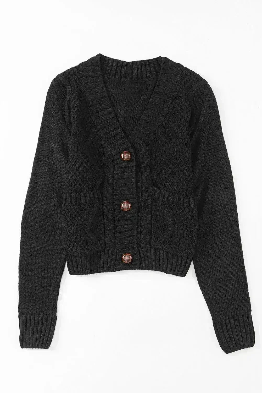 Textured Black Cardigan | Button-Front w/Pockets | Sizes S-3XL