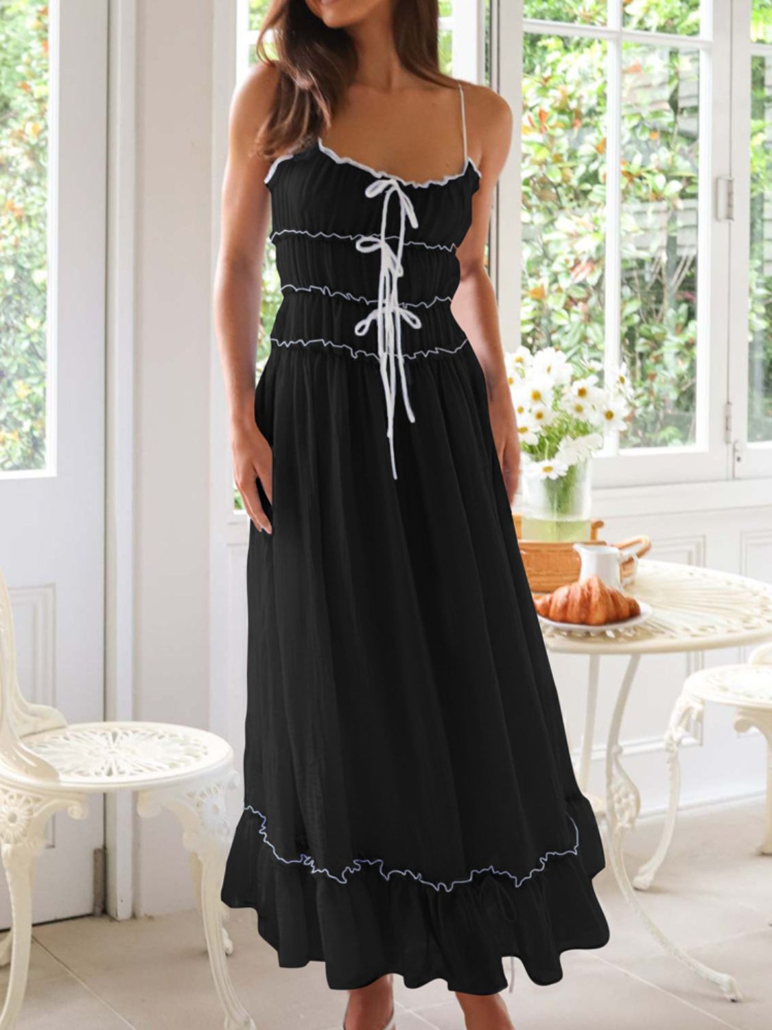 Vintage Ruffled Hem Midi Dress With Tied And Ruched Detail Elegant Feminine Girls Dress