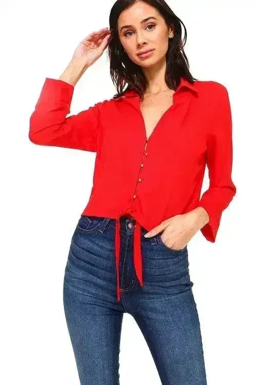 Solid Button Down Tie Front Blouse | Femstylo