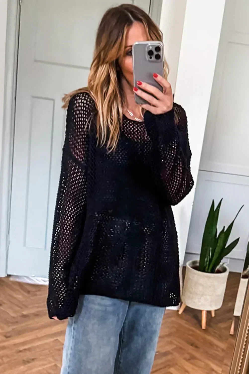 Smoke Gray Crochet Hollow-out Knit Sweater