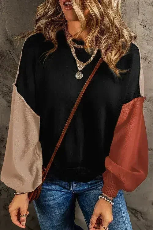 Colorblock Bishop Sleeve Sweater - Ribbed Trim | Femstylo
