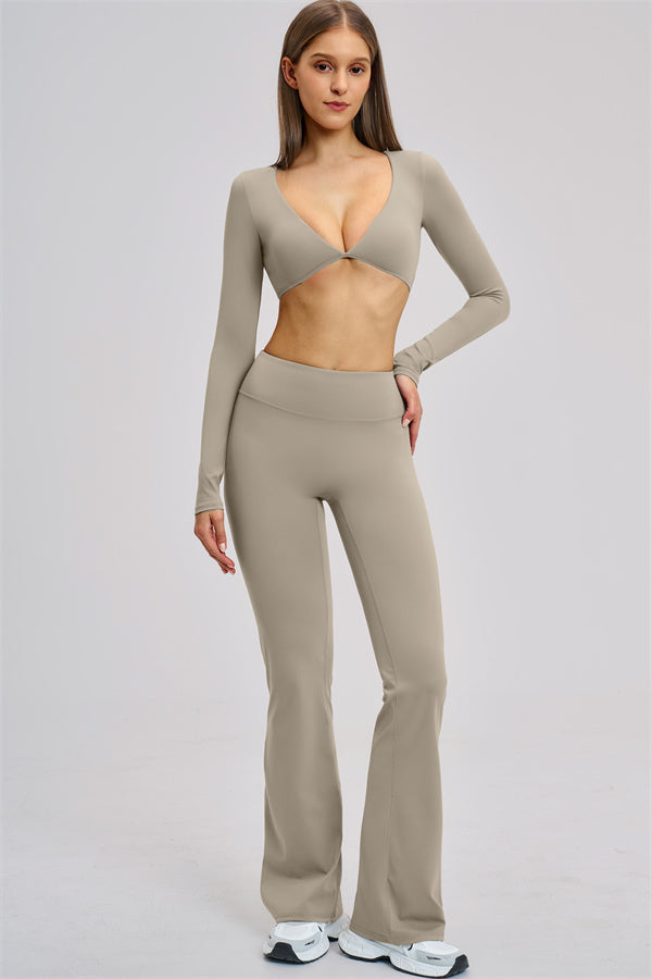 The Zestful Long Sleeve Crop Top Flared Leggings 2-Piece Set