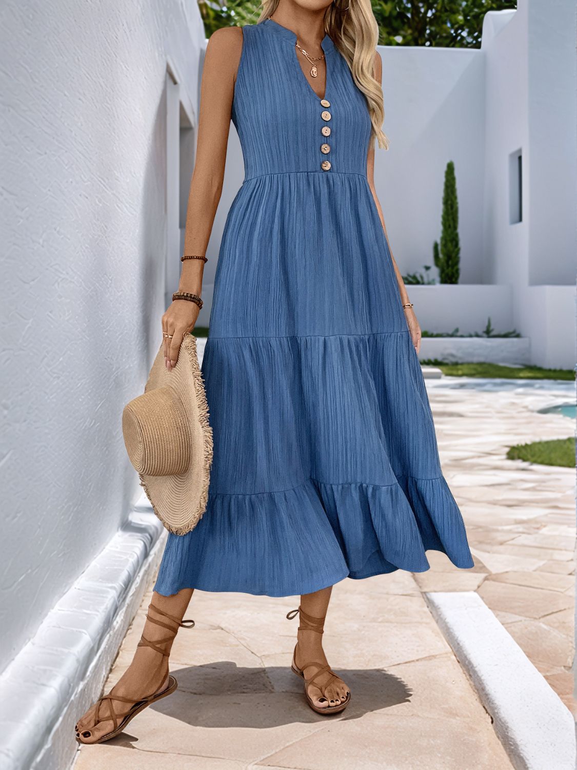 Decorative Dusty Blue Button Notched Sleeveless Dress Elegant & Feminine Style Long Dress For Women