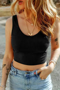 Black Solid Color Ribbed Knit Crop Tank Top