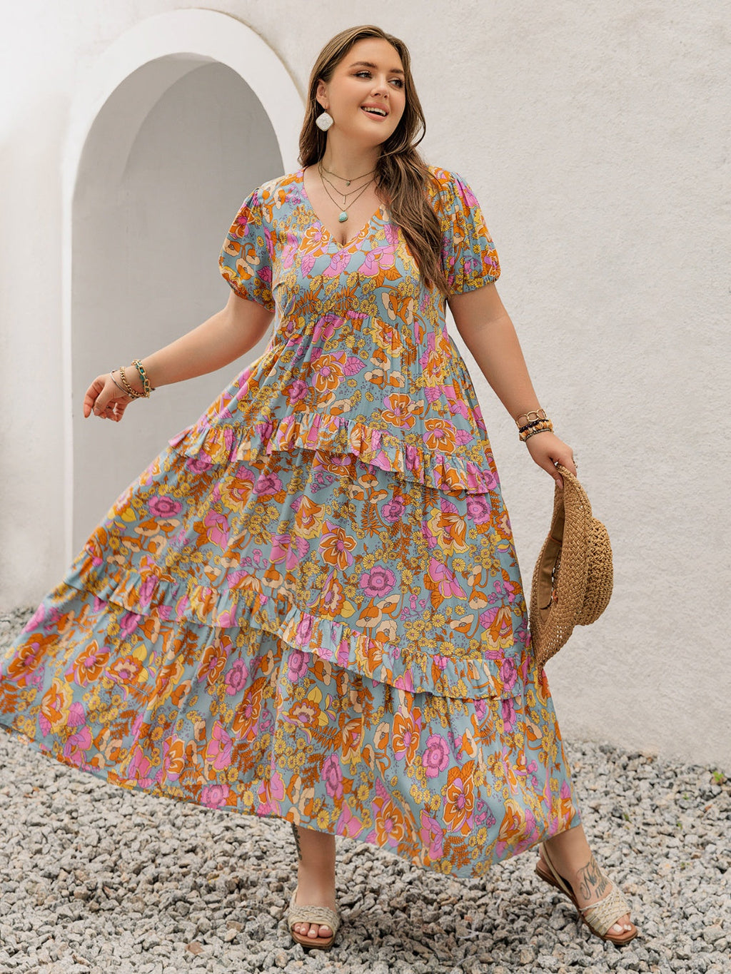 Plus Size Printed V-Neck Short Sleeve Maxi Dress Elegant & Flowy Summer Dress For Girls