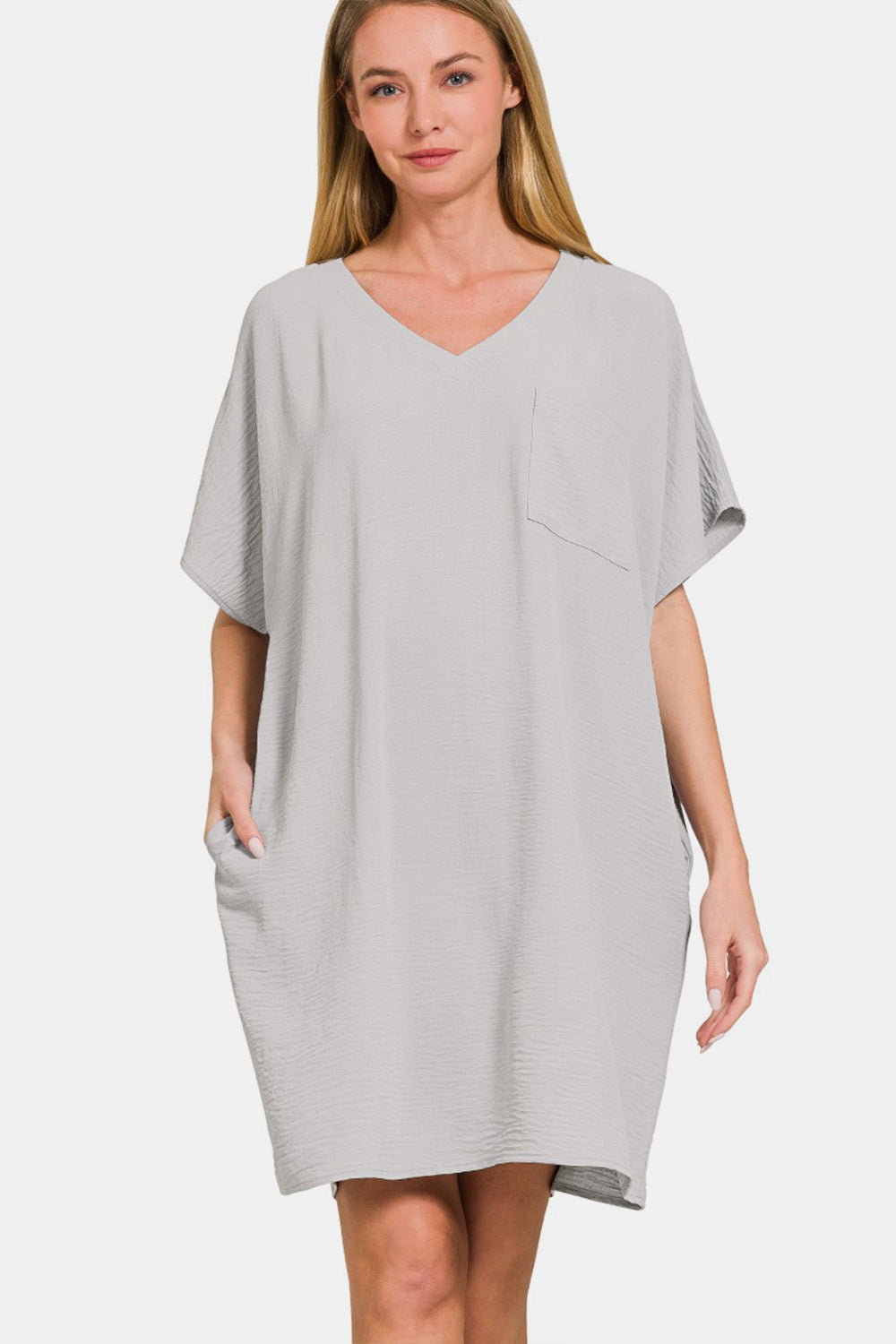 V-Neck Tee Dress with Pockets For Women – Comfortable V-Neck Dress, Casual Chic Tee Dress, Practical Pocketed Dress, Versatile V-Neck Dress, Everyday Casual Dress, Relaxed Fit Dress, Functional Pocket Dress