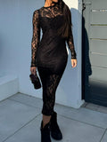 Black Lace Round Neck Long Sleeve Midi Dress Timeless & Elegant Design Women Dress