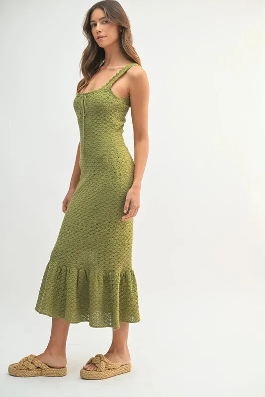 Ruffled Hem Sleeveless Crochet Knit Midi Dress For Women – Crochet Knit Dress, Unique Ruffled Hem Dress, Sleeveless Midi Dress, Summer Midi Dress, Elegant Crochet Dress