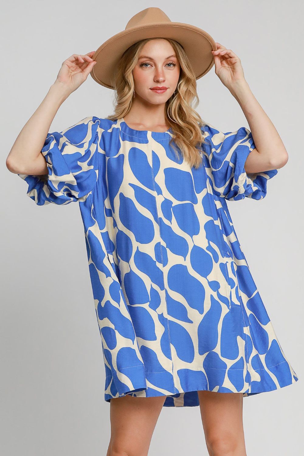 Blue Two Tone Abstract Print Puff Sleeve Dress Trendy Modern Print Dress for Women Summer Dress