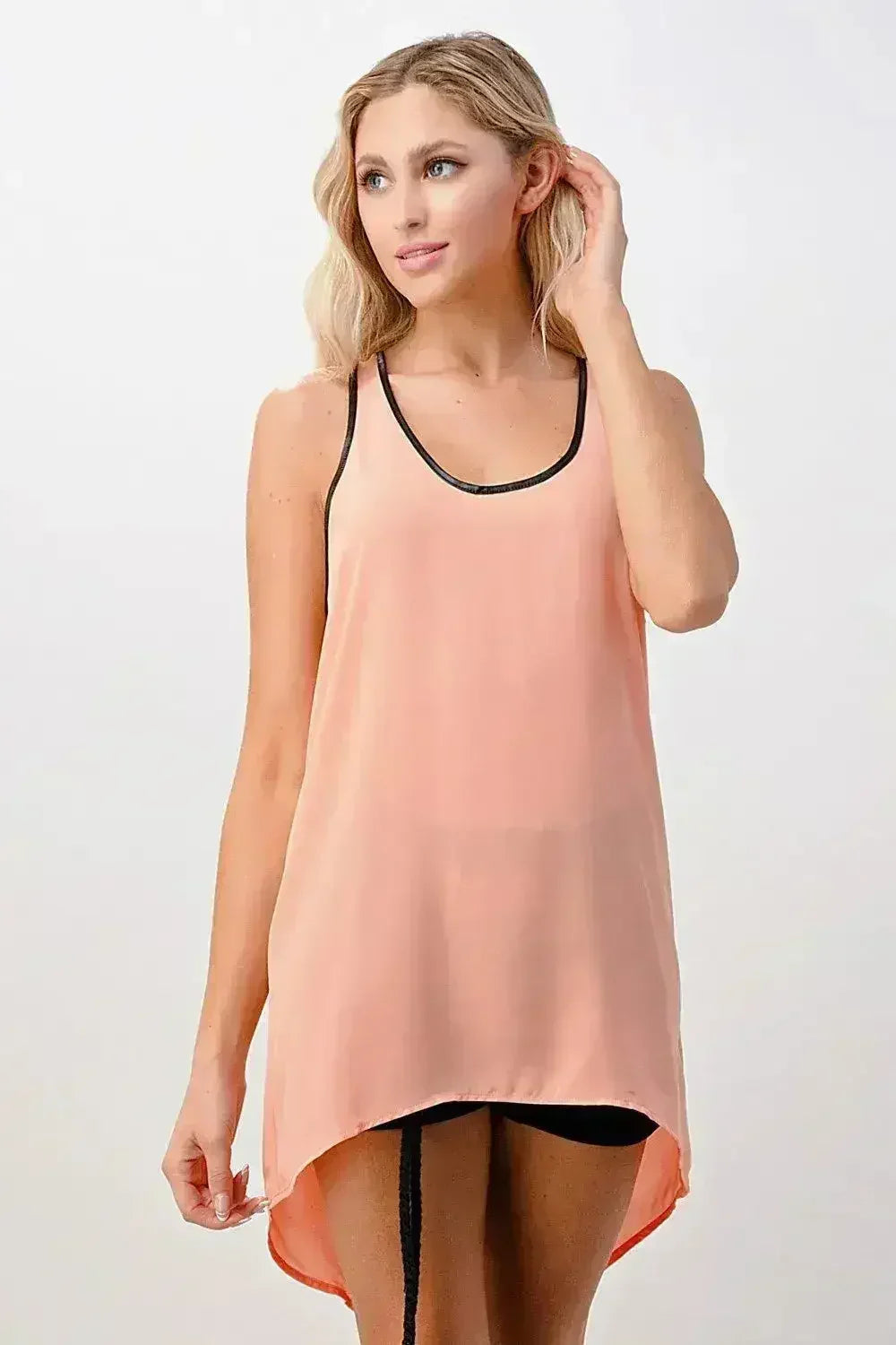 Vegan Leather Trim Tank Top - Scoop Neck Cami in Pink & Yellow | Femstylo