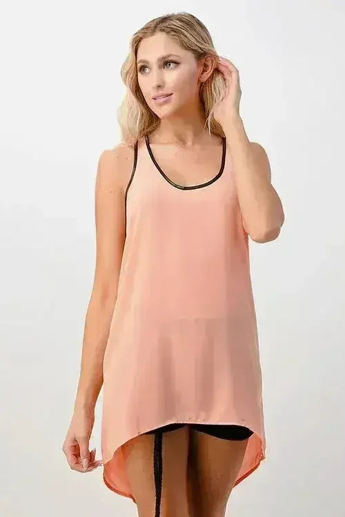Vegan Leather Trim Tank Top - Scoop Neck Cami in Pink & Yellow | Femstylo