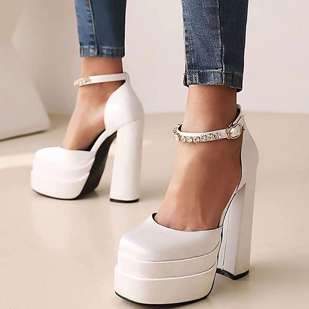 Women's Mary Jane Platform Heels - Chunky Heel Satin Pumps with Rhinestone Strap