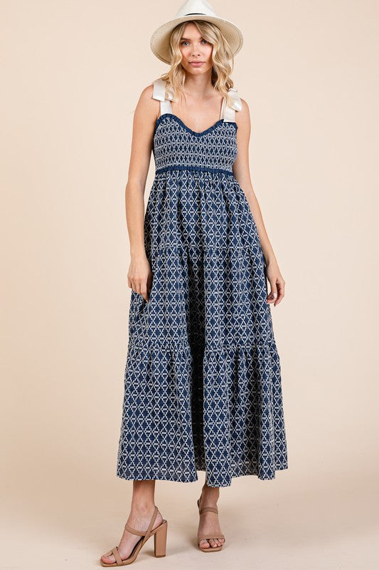 Geometric Embroidered Smocked Tie Shoulder Midi Dress For Women – Fluttering, Trendy and Chic Embroidered Midi Dress with Tie Shoulders