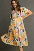 Umgee Abstract Print Midi Dress – Flutter Sleeves & Tiered Frill Detail
