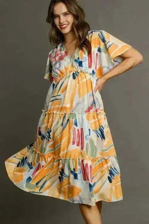 Umgee Abstract Print Midi Dress – Flutter Sleeves & Tiered Frill Detail