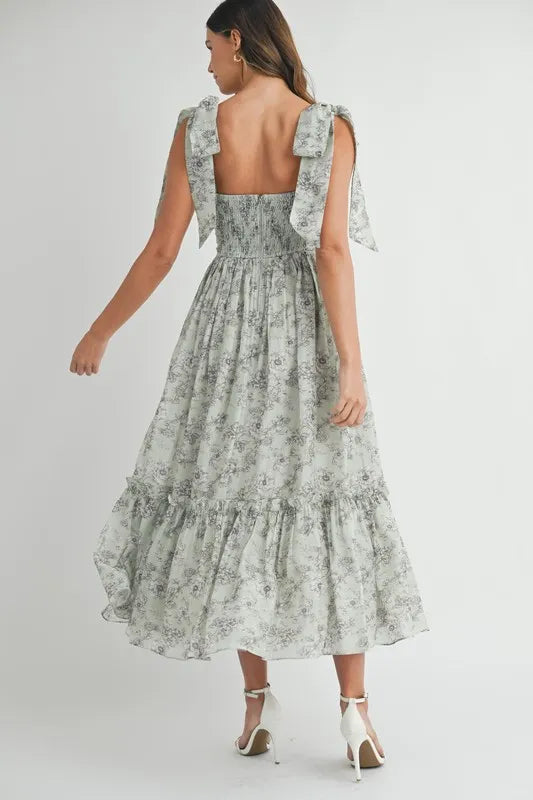Floral Bust Ruched Midi Dress with Shoulder Tie For Women – Ruched Midi Dress For Summer, Floral Bust Dress, Shoulder Tie Dress, Feminine Midi Dress, Chic Event Dress