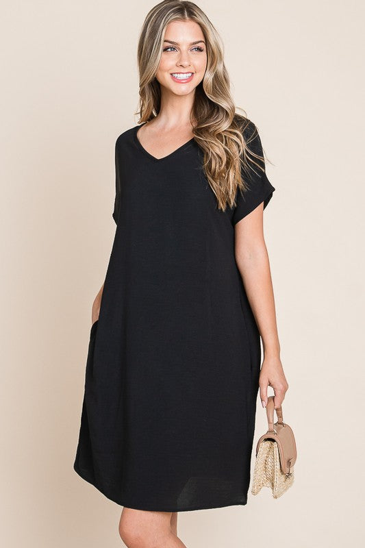 V-Neck Short Sleeve Dress with Pockets For Women – Casual, Versatile and Stylish Dress with Convenient Pockets for Everyday Wear